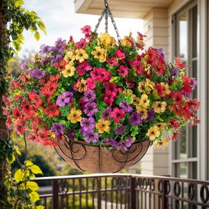 Outdoor artificial violet hanging basket with coconut liner and colorful silk flowers