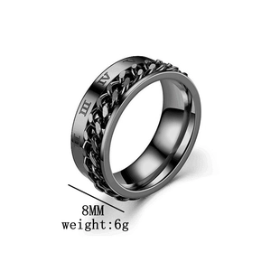Close-up view of black rotatable titanium steel chain ring for men, featuring 8mm width