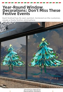 Detailed view of Merry Christmas window decals with festive tree design on shop glass