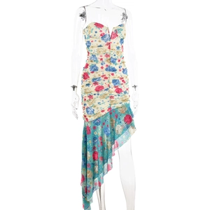 Detail of floral print tube dress with ruffled bodice and irregular chiffon hemline