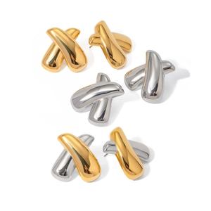 Polished 18k gold and silver chubby X-shaped crossover stud earrings set in three colors