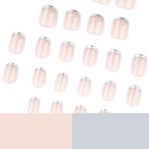Silver French tip square fake nails set in nude pink with glossy finish and metal edges