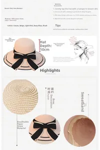 Detailed size specifications for pink straw hat with black bow and 54-57cm circumference