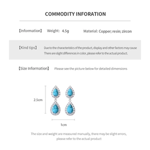 Detail specifications of silver water drop earrings with blue zircon and dimensions