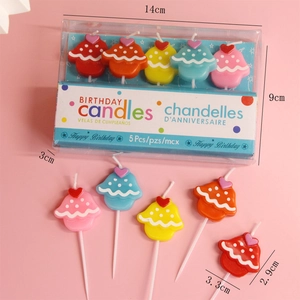 Detailed view of 5 colorful cupcake candles with hearts and specific dimension labels
