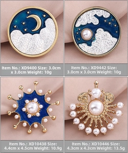 Detailed comparison of artistic enamel brooches with pearls and golden metal finish