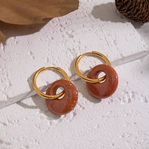 Elegant gold-plated stainless steel earrings with sparkling brown stone donut pendants