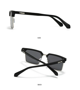 Detail view of square half-frame sunglasses with metallic geometric hinge and temple decor