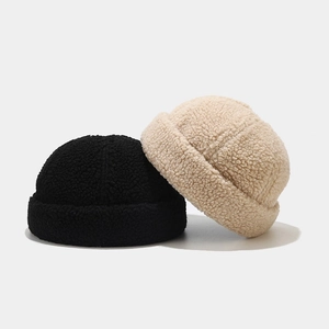 Minimalist lamb wool docker hats for women in black and beige, warm winter fleece beanies