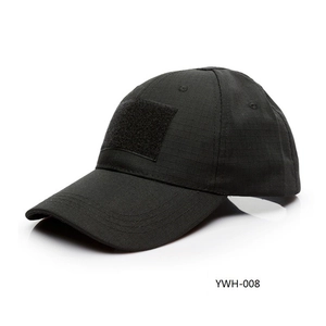 Tactical black camouflage baseball cap with front velcro patch area and ripstop fabric