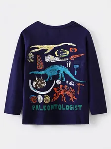 Boys navy blue long sleeve t-shirt featuring colorful dinosaur fossil skeleton print