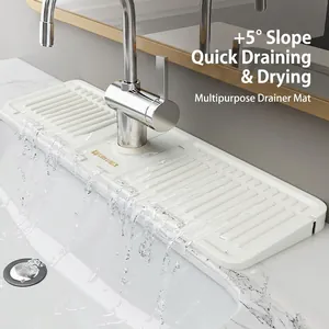 Silicone faucet drip mat with 5 degree slope for bathroom sink splash guard in beige