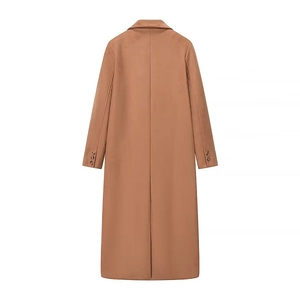 Back view of a long caramel suede double-breasted coat with center vent and sleeve buttons