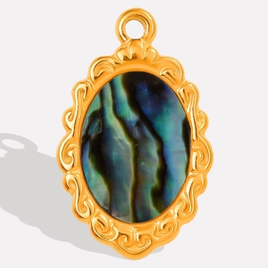 Stainless steel oval necklace pendant with green abalone shell inlay and gold scroll edge