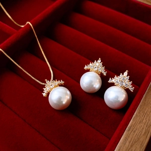 Elegant Crown Zircon Inlaid Imitation Artificial Pearl Necklace And Earrings With 925 Sterling Silver Earring Post For Women
