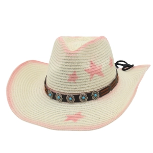 Western straw cowboy hat with pink stars, turquoise leather band, and gradient brim