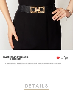Close-up of black elastic wide belt with golden metal interlocking double ring buckle