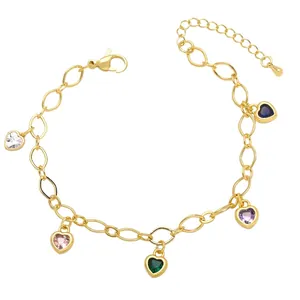 Gold link chain bracelet featuring five colorful heart-shaped crystal charms with lobster clasp