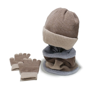 Detailed knit texture and plush fleece lining of the winter hat scarf and gloves set