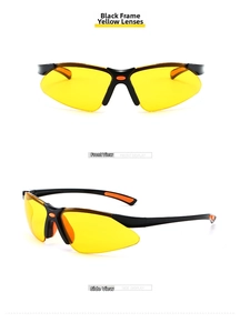 Front and side views of black cycling glasses with yellow lenses and orange non-slip tips