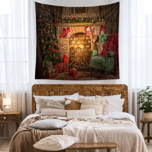 Detail of Christmas tapestry featuring a vintage fireplace and decorated tree in cozy room