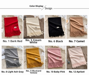Collage showing eight colors of soft solid fringe scarves with a minimalist logo tag