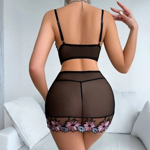 Sexy black mesh lingerie set with colorful floral embroidery on sheer mini skirt