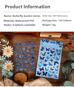 Detail of waterproof PVC butterfly floral stickers on a vintage wooden desk setting