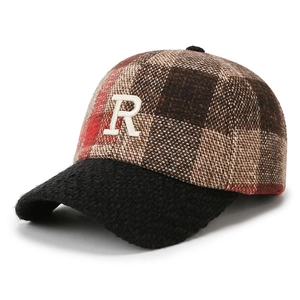 Checkered plaid baseball cap with embroidered letter R and black woven visor
