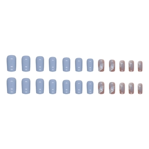 24pcs matte blue and marble brown square press-on nails set on white background