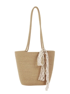 Khaki woven cotton rope shoulder bag with lace ribbon for summer beach vacation