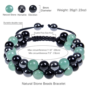 Green aventurine and black magnetic stone double-layered beaded bracelet with adjustable cord