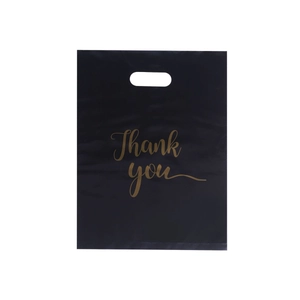 Premium black plastic shopping bag with gold 'Thank you' print and punched handle