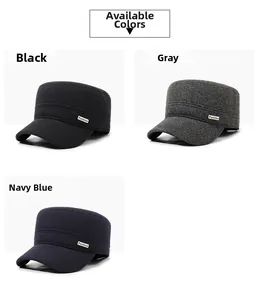 Detailed view of men's winter cadet caps in black, grey, and navy with warm ear flaps