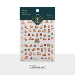 3D relief Christmas nail stickers featuring squirrels and trees on a white background