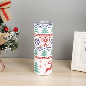 20oz white stainless steel tumbler featuring colorful knit-style Christmas patterns
