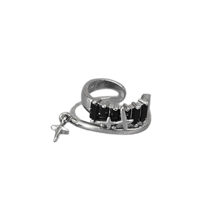 Star and cross zircon ear cuff in silver finish with black rectangular stone
