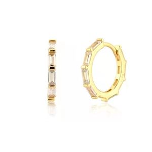 Elegant gold S925 silver hoop earrings with rectangular cubic zirconia on white background