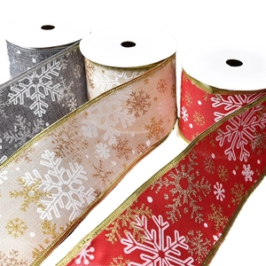 Christmas snowflake gauze ribbons in red, grey, and champagne with gold wire edges