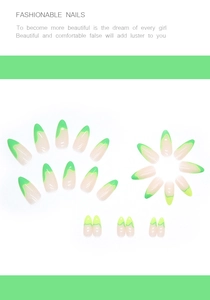 Detailed arrangement of almond press-on nails with green French wave tips on pink base