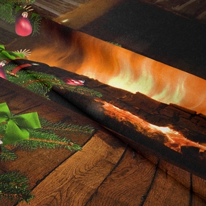 Close-up of soft flannel Christmas tapestry featuring a warm fireplace and festive decor