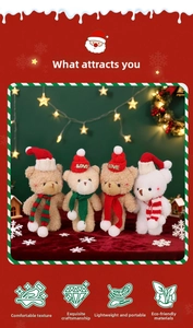 Close-up of four plush Christmas teddy bears with red hats and striped scarves on a festive background