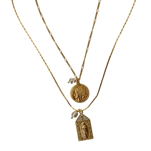 Gold double-layer necklace with Virgin Mary pendant, vintage coin, and baroque pearl accent