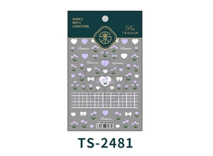 Detailed view of floral and heart pattern 3D nail art stickers with purple bow accents