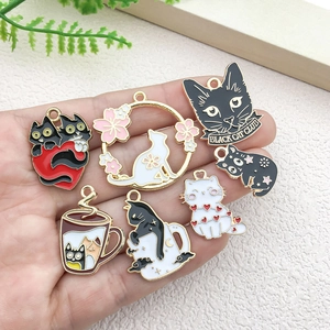 Cartoon black and white cat enamel charms and pendants for DIY jewelry making