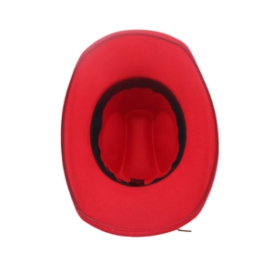 Interior detail of red wide-brim felt hat featuring black sweatband and inner structure