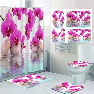 Zen style purple orchid and stones print bathroom set with shower curtain and rugs