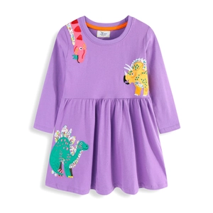 Abito viola a maniche lunghe per bambine con ricami a dinosauro in morbida maglia di cotone
