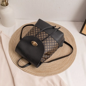 Stylish mini backpack with brown geometric print and black faux leather fold-over flap