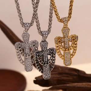 Hip hop 18K gold plated stainless steel cross pendant necklace with woven chain for men